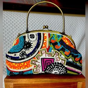 Chico's Beaded Brass Top Handle Kiss Clasp Handbag